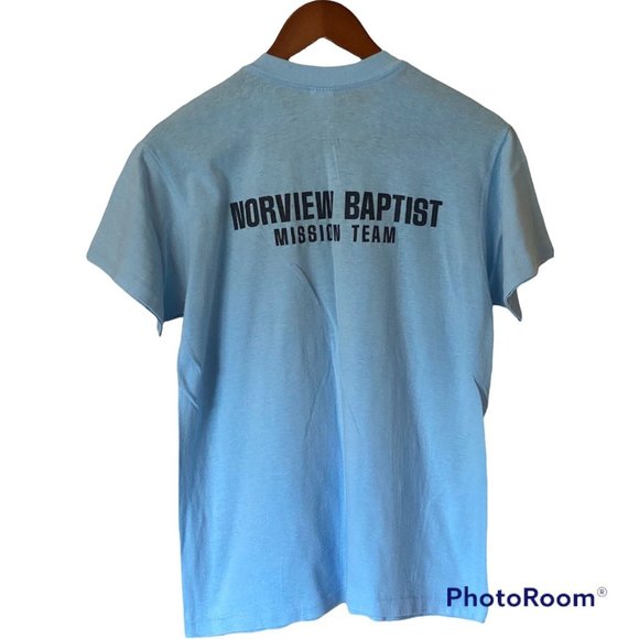 Norwood Baptist Mission Team Vintage T-Shirt Blue Size L Made In USA Irma 80's - Picture 2 of 6